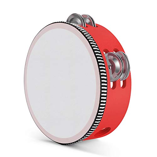 Flexzion Handheld Tamburin Holz 15,2 cm zweireihig 8 Paar Jingles (rot) - Handheld Percussion Drum Moon Musikinstrument mit Metallglocke von Flexzion