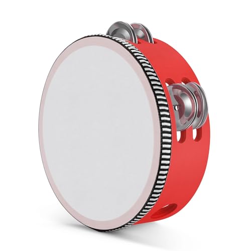 Flexzion Handheld Tamburin Holz 15,2 cm zweireihig 8 Paar Jingles (rot) - Handheld Percussion Drum Moon Musikinstrument mit Metallglocke von Flexzion