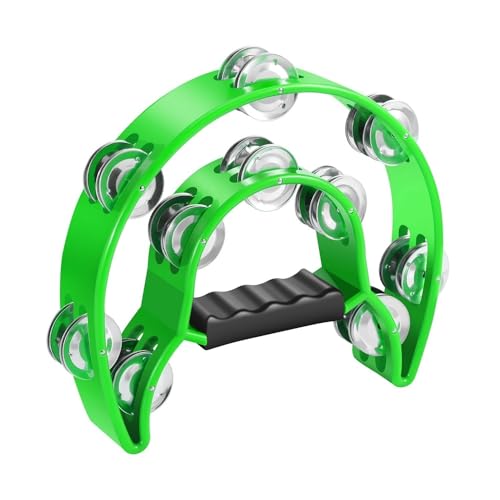 Flexzion Tamburin, Handtrommel - 25cm Schellenkranz mit Handgriff, Musik Schlaginstrument, zweireihig Schellenring in Halbmond-Form Rahmen, mit 20 Paar Metall Schellen, für KTV & Party, Grün von Flexzion