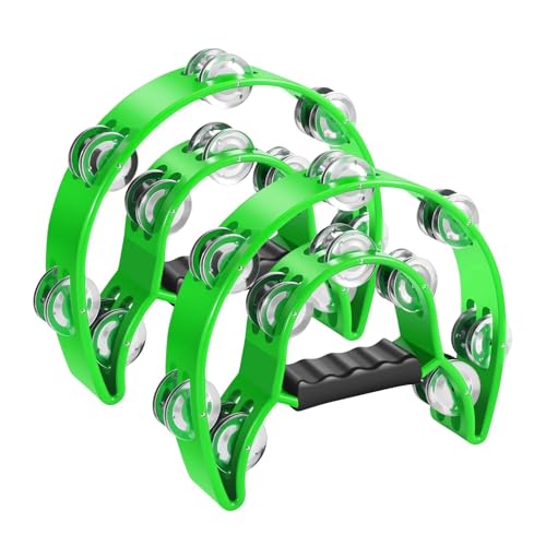 Flexzion Tamburin, Handtrommel - 2er-Pack, 25cm Schellenkranz mit Handgriff, Musik Schlaginstrument, zweireihig Schellenring in Halbmond-Form Rahmen, mit 20 Paar Metall Schellen, Grün Flexzion Tamburin, Handtrommel - 2er-Pack, 25cm Schellenkranz mit Handgriff, Musik Schlaginstrument, zweireihig Schellenring in Halbmond-Form Rahmen, mit 20 Paar Metall Schellen, Grün von Flexzion