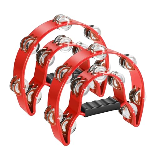 Flexzion Tamburin, Handtrommel - 2er-Pack, 25cm Schellenkranz mit Handgriff, Musik Schlaginstrument, zweireihig Schellenring in Halbmond-Form Rahmen, mit 20 Paar Metall Schellen, Rot Flexzion Tamburin, Handtrommel - 2er-Pack, 25cm Schellenkranz mit Handgriff, Musik Schlaginstrument, zweireihig Schellenring in Halbmond-Form Rahmen, mit 20 Paar Metall Schellen, Rot von Flexzion
