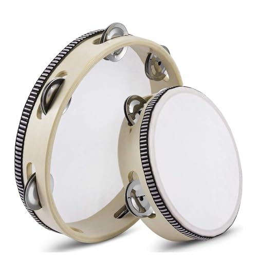 Flexzion Tamburin, Handtrommel mit Handgriff - 2er-Pack, 20cm+15cm Schellenkranz in Mond-Form aus Holz, Musik Schlaginstrument, 1-reihige Schellenring mit Metall Schellen, Schlagzeug, Beige von Flexzion