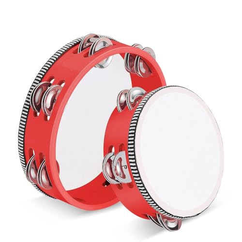 Flexzion Tamburin, Handtrommel mit Handgriff - 2er-Pack, 20cm+15cm Schellenkranz in Mond-Form aus Holz, Musik Schlaginstrument, zweireihige Schellenring mit Metall Schellen, Rot Flexzion Tamburin, Handtrommel mit Handgriff - 2er-Pack, 20cm+15cm Schellenkranz in Mond-Form aus Holz, Musik Schlaginstrument, zweireihige Schellenring mit Metall Schellen, Rot von Flexzion