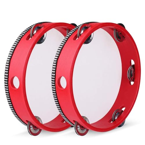 Flexzion Tamburin, Handtrommel mit Handgriff - 2er-Pack, 20cm Schellenkranz in Mond-Form aus Holz, Musik Schlaginstrument, 1-reihige Schellenring mit 5 Paar Metall Schellen, Schlagzeug, Rot von Flexzion