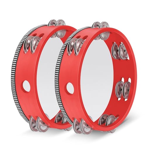 Flexzion Tamburin, Handtrommel mit Handgriff - 2er-Pack, 20cm Schellenkranz in Mond-Form aus Holz, Musik Schlaginstrument, zweireihige Schellenring mit 12 Paar Metall Schellen, Rot Flexzion Tamburin, Handtrommel mit Handgriff - 2er-Pack, 20cm Schellenkranz in Mond-Form aus Holz, Musik Schlaginstrument, zweireihige Schellenring mit 12 Paar Metall Schellen, Rot von Flexzion