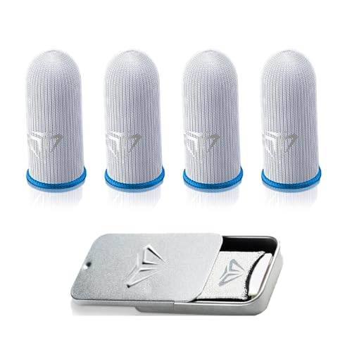 Fleymu Gaming Finger Sleeves 4 Stück mit Metallbox | Schweißfeste & Ultra-empfindliche Daumenhüllen aus Glas-Silber-Faser | Atmungsaktive Fingerhandschuhe für Gaming-Telefon & Controller (Blau) von Fleymu