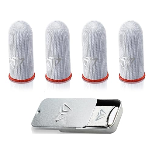 Fleymu Gaming Finger Sleeves 4 Stück mit Metallbox | Schweißfeste & Ultra-empfindliche Daumenhüllen aus Glas-Silber-Faser | Atmungsaktive Fingerhandschuhe für Gaming-Telefon & Controller (Rot) von Fleymu