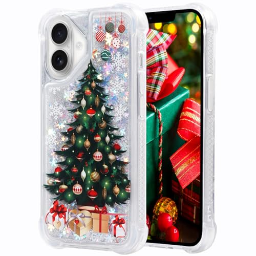 FLOCUTE Glitzernde Weihnachts-Schutzhülle, kompatibel mit iPhone 16, glitzernd, schwimmend, luxuriös, modisch, mädchenhaft, niedlich, für iPhone 16 (Weihnachtsbaum) von Flocute