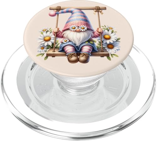 Spring Gnome Sitting On Outdoor Swing Cute Daisy Flower PopSockets PopGrip für MagSafe von Floral Daisy Flower Gifts With Funny Spring Gnomes