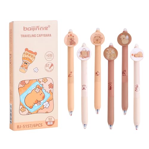 FloralGrace 6 Stück Niedliche Radierbare Einziehbare Stifte, Radierbare Gel Tinte Stifte Cartoon Capybara Stifte 0,5 mm Feine Spitze Blaue Tinte Schreibstift(Capybara 1) von FloralGrace