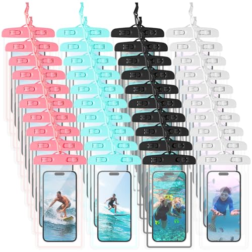 Flutesan Universal-Handyhülle, transparent, wasserdicht, mit Umhängeband, für Outdoor-Sport, Wasserspiele, bis zu 17,8 cm (7 Zoll), Schwarz, Weiß, Cyan, Rosa, 40 Stück von Flutesan