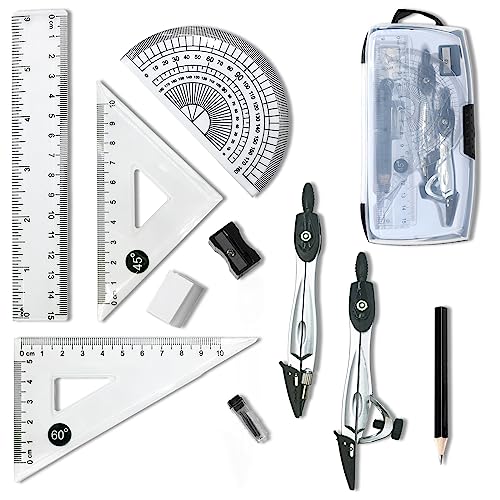 FlyWave Zirkel 10-Teiliges Set, Zirkel Set Mit Schutz, Geometrie Set Mit Lineal-Set, Bleistift, Zirkelmine und Radiergummi, Zirkel Schule Geeignet für Grund- und Oberschule von FlyWave