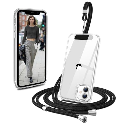 Flyzoo Handykette Universal mit Handyhülle für iPhone 11 (6.1'') - Einstellbar Kordel Crossbody & Umhängen aus Nylon Handy Band + Stoßfeste (4-Eckairbags) Durchsichtig Schutzhülle, Schnur in Schwarz von Flyzoo