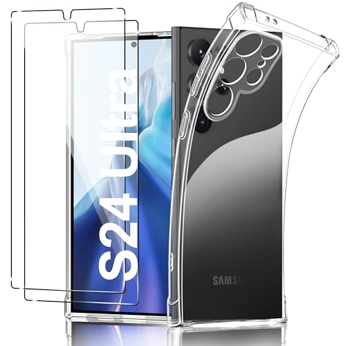 Flyzoo Klar Hülle für Samsung Galaxy S24 Ultra mit 2 Stück Panzer Schutz Glas Folie, [4-Eck Airbags] [Displayschutz] Weich TPU Silikon Handyhülle Transparent Stoßfest Schutzhülle - Durchsichtig, 6,8'' von Flyzoo