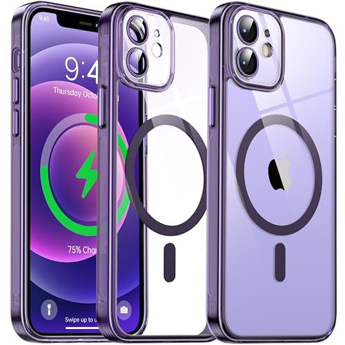 Flyzoo Magnetisch Hybrid Clear Hülle für iPhone 12 - [Kompatibel mit MagSafe] [Eingebaute Kameraschutz Folie] Hart Durchsichtig Handyhülle Stoßfeste Transparente mit Silikon Schutzhülle, 6,1", Lila von Flyzoo