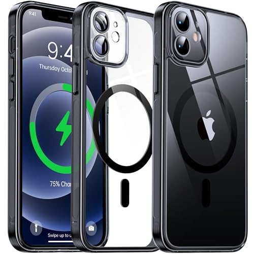 Flyzoo Magnetisch Hybrid Clear Hülle für iPhone 12 - [Kompatibel mit MagSafe] [Eingebaute Kameraschutz Folie] Hart Durchsichtig Handyhülle Stoßfeste Transparente mit Silikon Schutzhülle, 6,1", Schwarz von Flyzoo
