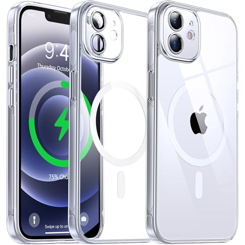 Flyzoo Magnetisch Hybrid Clear Hülle für iPhone 12 - [Kompatibel mit MagSafe] [Eingebaute Kameraschutz Folie] Hart Durchsichtig Handyhülle Stoßfeste Transparente mit Silikon Schutzhülle, 6,1", Silber von Flyzoo
