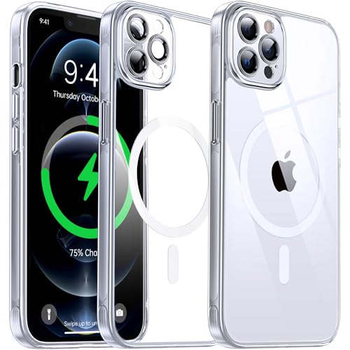 Flyzoo Magnetisch Hybrid Clear Hülle für iPhone 12 Pro -[Kompatibel mit MagSafe] [Eingebaute Kameraschutz Folie] Hart Durchsichtig Handyhülle Stoßfeste Transparente mit Silikon Schutzhülle,6,1",Silber von Flyzoo