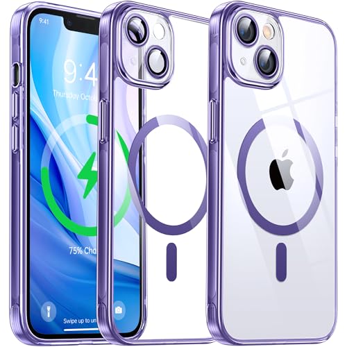 Flyzoo Magnetisch Hybrid Clear Hülle für iPhone 13 - [Kompatibel mit MagSafe] [Eingebaute Kameraschutz Folie] Hart Durchsichtig Handyhülle Stoßfeste Transparente mit Silikon Schutzhülle, 6,1", Lila von Flyzoo