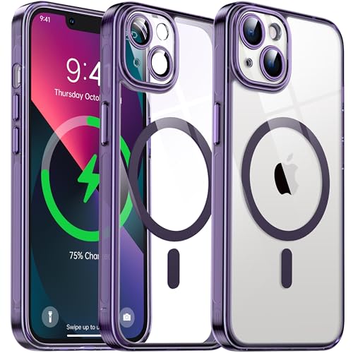 Flyzoo Magnetisch Hybrid Clear Hülle für iPhone 13 - [Kompatibel mit MagSafe] [Eingebaute Kameraschutz Folie] Hart Durchsichtig Handyhülle Stoßfeste Transparente mit Silikon Schutzhülle, 6,1",Lila von Flyzoo