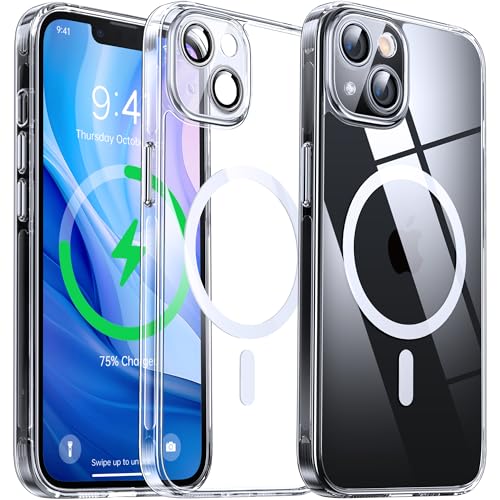 Flyzoo Magnetisch Hybrid Clear Hülle für iPhone 13 - [Kompatibel mit MagSafe] [Eingebaute Kameraschutz Folie] Hart Durchsichtig Handyhülle Stoßfeste Transparente mit Silikon Schutzhülle,6,1",Clear von Flyzoo