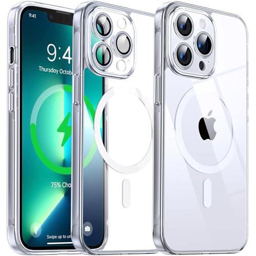 Flyzoo Magnetisch Hybrid Clear Hülle für iPhone 13 Pro -[Kompatibel mit MagSafe] [Eingebaute Kameraschutz Folie] Hart Durchsichtig Handyhülle Stoßfeste Transparente mit Silikon Schutzhülle,6,1",Silber von Flyzoo