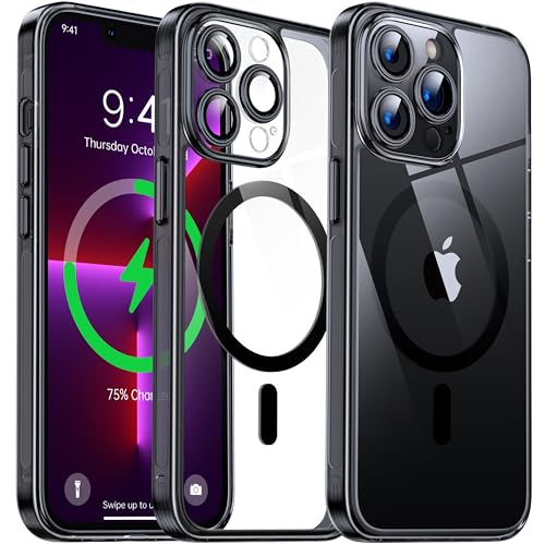Flyzoo Magnetisch Hybrid Clear Hülle für iPhone 13 Pro Max -[Kompatibel mit MagSafe] [Eingebaute Kameraschutz Folie] Hart Durchsichtig Handyhülle Stoßfeste Transparente mit Silikon Schutzhülle,Schwarz von Flyzoo