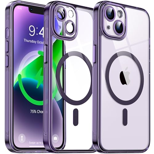 Flyzoo Magnetisch Hybrid Clear Hülle für iPhone 14 - [Kompatibel mit MagSafe] [Eingebaute Kameraschutz Folie] Hart Durchsichtig Handyhülle Stoßfeste Transparente mit Silikon Schutzhülle, 6,1", Lila von Flyzoo