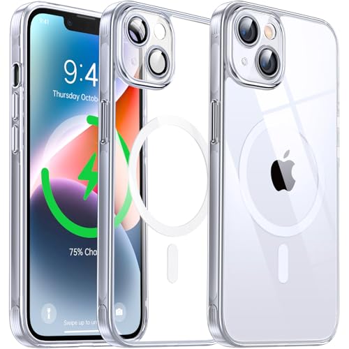 Flyzoo Magnetisch Hybrid Clear Hülle für iPhone 14 - [Kompatibel mit MagSafe] [Eingebaute Kameraschutz Folie] Hart Durchsichtig Handyhülle Stoßfeste Transparente mit Silikon Schutzhülle, 6,1", Silber von Flyzoo