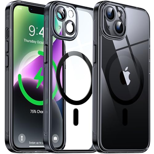 Flyzoo Magnetisch Hybrid Clear Hülle für iPhone 14 Plus - [Kompatibel mit MagSafe] [Eingebaute Kameraschutz Folie] Hart Durchsichtig Handyhülle Stoßfeste Transparente mit Silikon Schutzhülle, Schwarz von Flyzoo