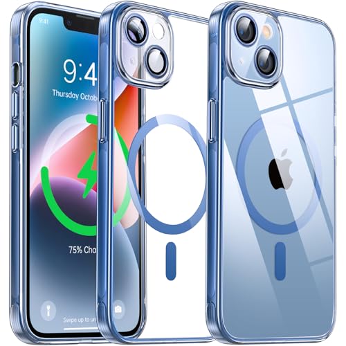 Flyzoo Magnetisch Hybrid Clear Hülle für iPhone 14 Plus - [Kompatibel mit MagSafe] [Eingebaute Kameraschutz Folie] Hart Durchsichtig Handyhülle Stoßfeste Transparente mit Silikon Schutzhülle,6,7",Blau von Flyzoo