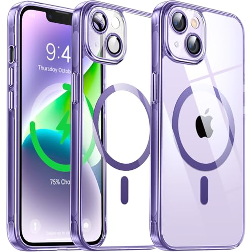 Flyzoo Magnetisch Hybrid Clear Hülle für iPhone 14 Plus - [Kompatibel mit MagSafe] [Eingebaute Kameraschutz Folie] Hart Durchsichtig Handyhülle Stoßfeste Transparente mit Silikon Schutzhülle,6,7",Lila von Flyzoo