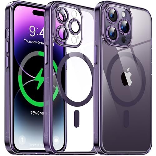 Flyzoo Magnetisch Hybrid Clear Hülle für iPhone 14 Pro - [Kompatibel mit MagSafe] [Eingebaute Kameraschutz Folie] Hart Durchsichtig Handyhülle Stoßfeste Transparente mit Silikon Schutzhülle, 6,1",Lila von Flyzoo
