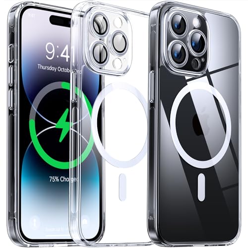 Flyzoo Magnetisch Hybrid Clear Hülle für iPhone 14 Pro - [Kompatibel mit MagSafe] [Eingebaute Kameraschutz Folie] Hart Durchsichtig Handyhülle Stoßfeste Transparente mit Silikon Schutzhülle,6,1",Clear von Flyzoo