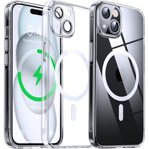Flyzoo Magnetisch Hybrid Clear Hülle für iPhone 15 - [Kompatibel mit MagSafe] [Eingebaute Kameraschutz Folie] Hart Durchsichtig Handyhülle Stoßfeste Transparente mit Silikon Schutzhülle, 6,1", Clear von Flyzoo