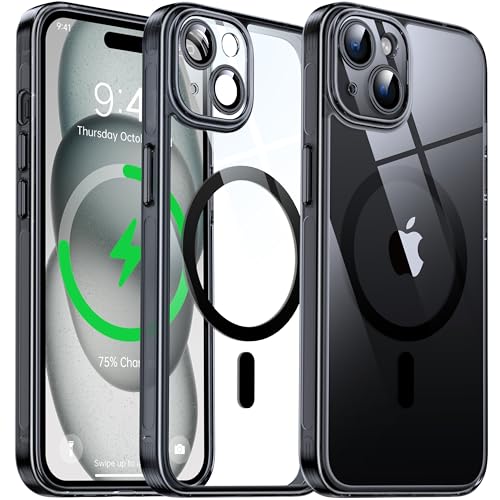 Flyzoo Magnetisch Hybrid Clear Hülle für iPhone 15 Plus - [Kompatibel mit MagSafe] [Eingebaute Kameraschutz Folie] Hart Durchsichtig Handyhülle Stoßfeste Transparente mit Silikon Schutzhülle, Schwarz von Flyzoo