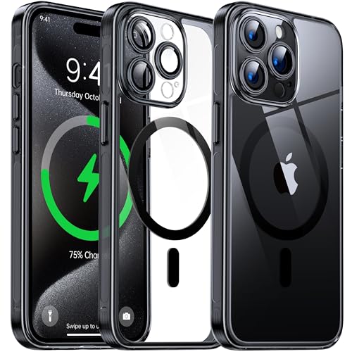 Flyzoo Magnetisch Hybrid Clear Hülle für iPhone 15 Pro Max -[Kompatibel mit MagSafe] [Eingebaute Kameraschutz Folie] Hart Durchsichtig Handyhülle Stoßfeste Transparente mit Silikon Schutzhülle,Schwarz von Flyzoo
