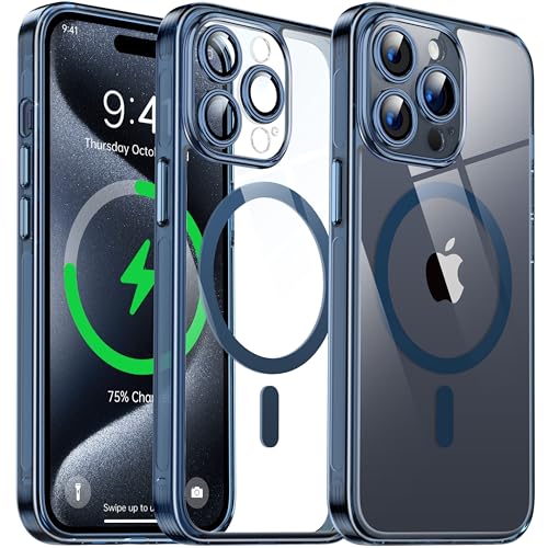Flyzoo Magnetisch Hybrid Clear Hülle für iPhone 15 Pro Max - [Kompatibel mit MagSafe] [Eingebaute Kameraschutz Folie] Hart Durchsichtig Handyhülle Stoßfeste Transparente mit Silikon Schutzhülle, Blau von Flyzoo