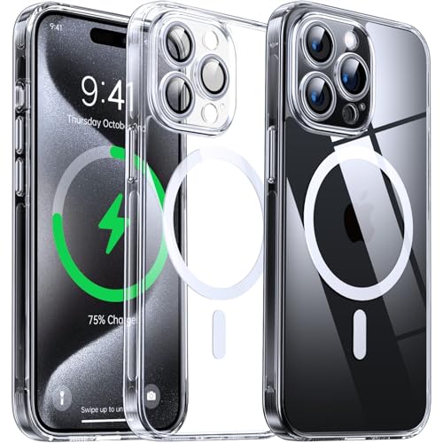 Flyzoo Magnetisch Hybrid Clear Hülle für iPhone 15 Pro Max - [Kompatibel mit MagSafe] [Eingebaute Kameraschutz Folie] Hart Durchsichtig Handyhülle Stoßfeste Transparente mit Silikon Schutzhülle, Clear von Flyzoo