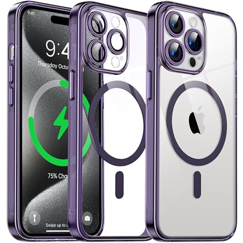 Flyzoo Magnetisch Hybrid Clear Hülle für iPhone 15 Pro Max - [Kompatibel mit MagSafe] [Eingebaute Kameraschutz Folie] Hart Durchsichtig Handyhülle Stoßfeste Transparente mit Silikon Schutzhülle, Lila von Flyzoo
