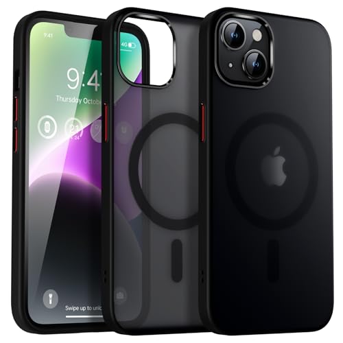 Flyzoo Magnetisch Matt Hülle für iPhone 13/14 (6,1''), [Kompatibel mit MagSafe] Transluzente Magnet Handyhülle Ultra Dünn, Militärstandard Stoßfest FallSchutz Schutzhülle mit Silikon Rahmen, Schwarz von Flyzoo