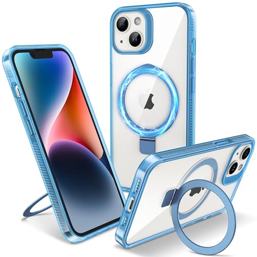 Flyzoo Magnetisch Ständer Hülle für iPhone 13/14 - [Unsichtbarer Ständer] [Kompatibel mit MagSafe] [Vergilbungsfrei & rutschfest] Stoßfest Durchsichtig Handyhülle, 6.1'', Clear Blau von Flyzoo