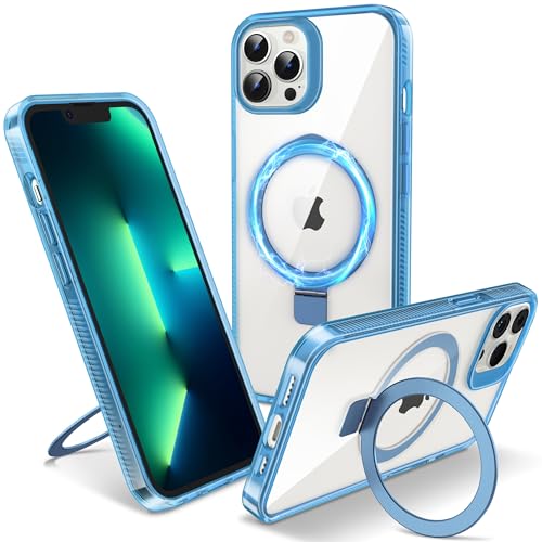 Flyzoo Magnetisch Ständer Hülle für iPhone 13 Pro Max - [Unsichtbarer Ständer] [Kompatibel mit MagSafe] [Vergilbungsfrei & rutschfest] Stoßfest Durchsichtig Handyhülle, 6.7'', Clear Blau von Flyzoo
