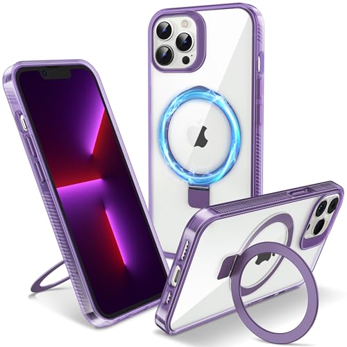 Flyzoo Magnetisch Ständer Hülle für iPhone 13 Pro Max - [Unsichtbarer Ständer] [Kompatibel mit MagSafe] [Vergilbungsfrei & rutschfest] Stoßfest Durchsichtig Handyhülle, 6.7'', Clear Lila von Flyzoo