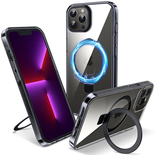 Flyzoo Magnetisch Ständer Hülle für iPhone 13 Pro Max - [Unsichtbarer Ständer] [Kompatibel mit MagSafe] [Vergilbungsfrei & rutschfest] Stoßfest Durchsichtig Handyhülle, 6.7'', Clear Schwarz von Flyzoo