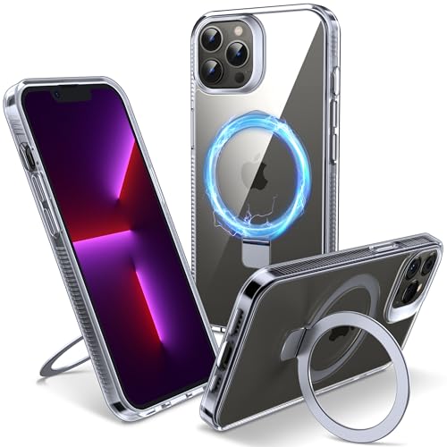 Flyzoo Magnetisch Ständer Hülle für iPhone 13 Pro Max - [Unsichtbarer Ständer] [Kompatibel mit MagSafe] [Vergilbungsfrei & rutschfest] Stoßfest Durchsichtig Handyhülle, 6.7'', Clear von Flyzoo