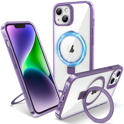 Flyzoo Magnetisch Ständer Hülle für iPhone 14 Plus - [Unsichtbarer Ständer] [Kompatibel mit MagSafe] [Vergilbungsfrei & rutschfest] Stoßfest Durchsichtig Handyhülle, 6.7'', Clear Lila von Flyzoo