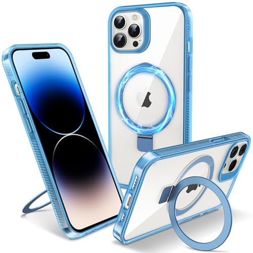 Flyzoo Magnetisch Ständer Hülle für iPhone 14 Pro Max - [Unsichtbarer Ständer] [Kompatibel mit MagSafe] [Vergilbungsfrei & rutschfest] Stoßfest Durchsichtig Handyhülle, 6.7'', Clear Blau von Flyzoo