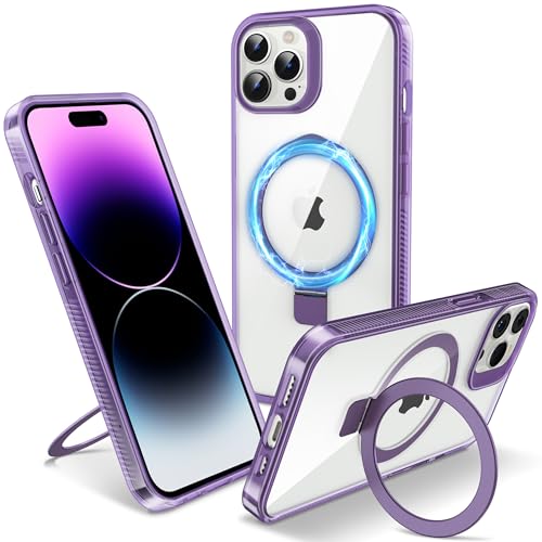 Flyzoo Magnetisch Ständer Hülle für iPhone 14 Pro Max - [Unsichtbarer Ständer] [Kompatibel mit MagSafe] [Vergilbungsfrei & rutschfest] Stoßfest Durchsichtig Handyhülle, 6.7'', Clear Lila von Flyzoo
