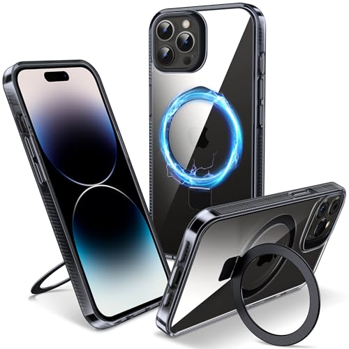 Flyzoo Magnetisch Ständer Hülle für iPhone 14 Pro - [Unsichtbarer Ständer] [Kompatibel mit MagSafe] [Vergilbungsfrei & rutschfest] Stoßfest Durchsichtig Handyhülle, 6.1'', Clear Schwarz von Flyzoo
